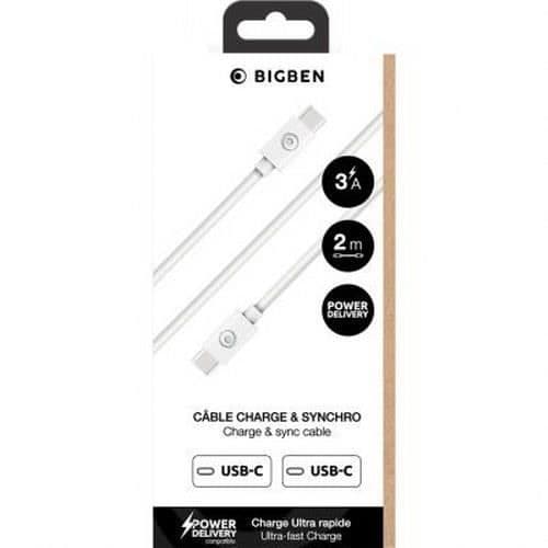 USB C-kabel - BigBen - 2m - Laddning 3A - Synchronisering - Vit