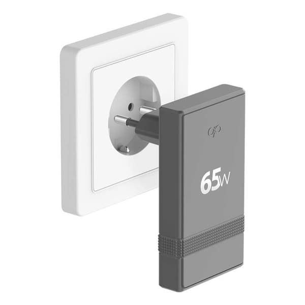 Nätadapter - FORCE POWER - Serie L Shape - 65W PD - 2x USB-C - GaN - Grå Grå