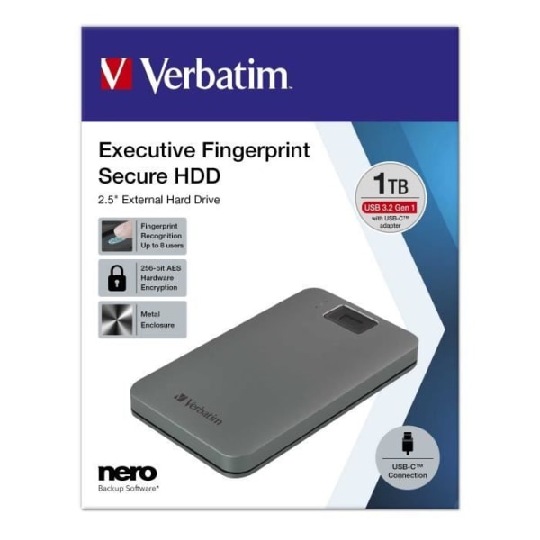 VERBATIM FINGERPRINT SECURE 1TB USB 3.2 GEN 1 USB-C 2.5 53652