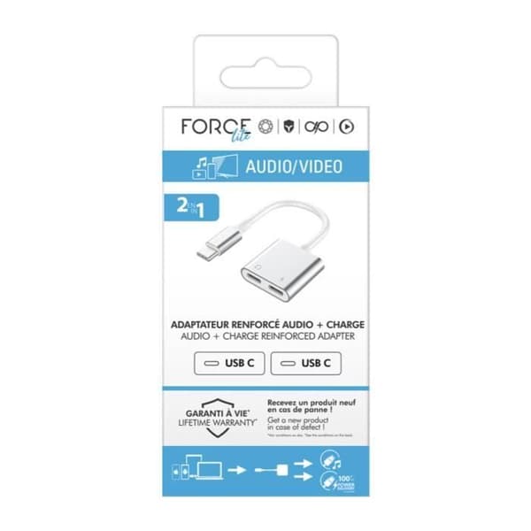 2-i-1-adapter - FORCE POWER - Lite - USB-C till USB-C - 100W PD - Ljud utan störningar - Vit Vit