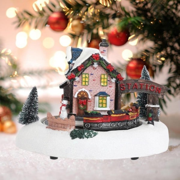 Jul belysning statue snø hus dekor harpiks vinter snøhvit hus landskap lysende hytte pynt