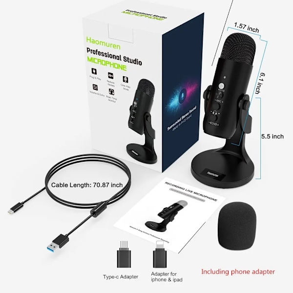 USB mikrofon för PC Mac spel inspelning streaming poddsändning, dator kondensator mikrofon med telefon adapter hörlurar utgång