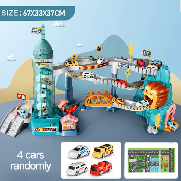 Elektrisk Rail Bil Dinosaur Bygning Parkeringsplass Eventyr Racing Rail Bil Leker