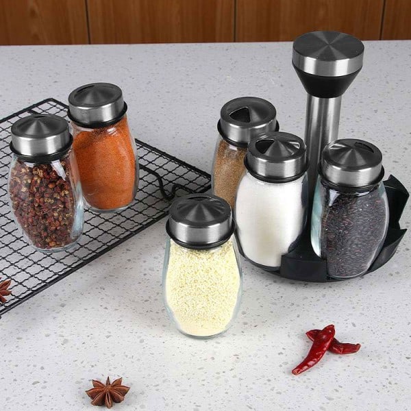 Krydderi krukke sæt stativ glas arrangør roterende glas krydderi sukker peber flasker salt ryster holder køkken opbevaring stativ