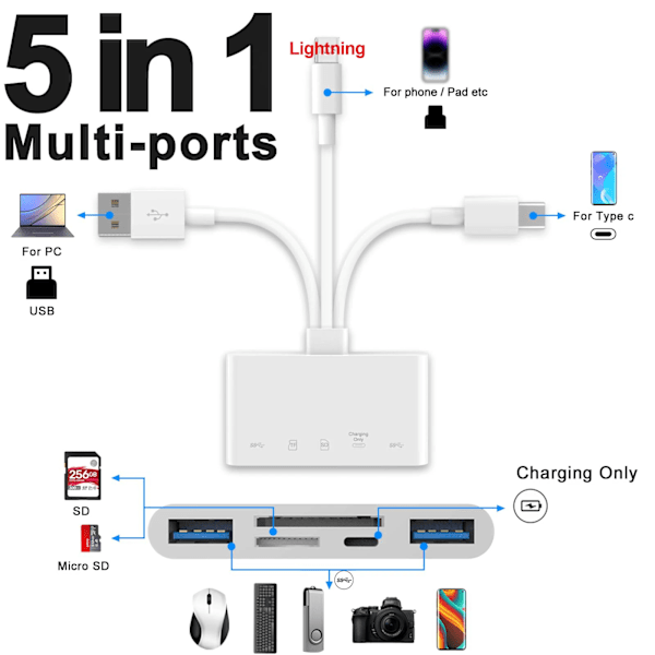 5 in 1 USB OTG sovitin latausportilla