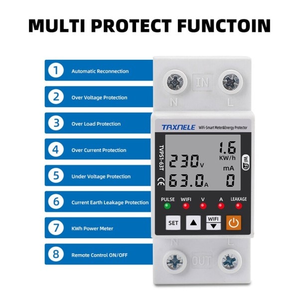 WiFi Smart Earth Läckage Över Under spänning Protector Relä Enhet Switch Breaker