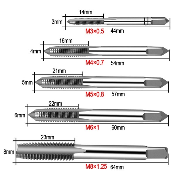 Maskin Skrue Gevind Metrisk Plug Tap Skrue Taps 3mm 4mm 5mm 6mm 8mm M3-M8 Set Kit