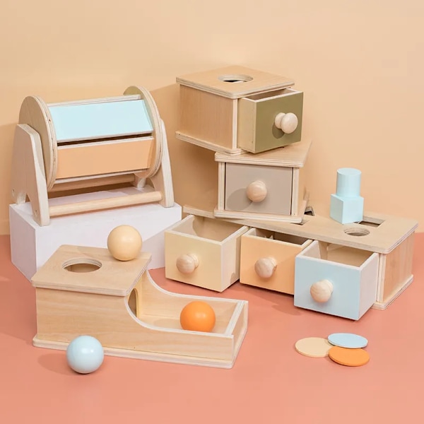Montessori Macaroon Färg Spinning Trumma Match Mynt Låda Permanent Låda Rund Rektangulär Låda