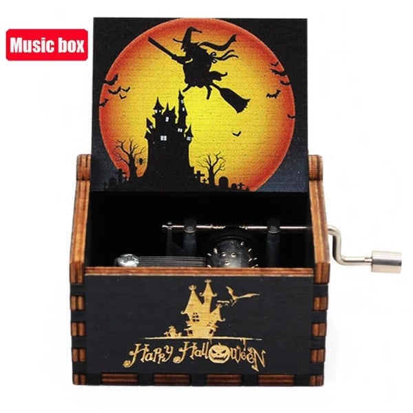 Halloween Trä Musik Låda Hand Vev Mardröm Före Jul Antik Graverad Musikal Låda fodral
