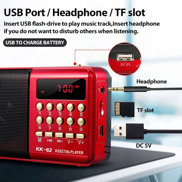 Mini Bærbar Radio Håndholdt Oppladbar Digital FM USB TF MP3 spiller Stonego Høyttaler Enheter rekvisita
