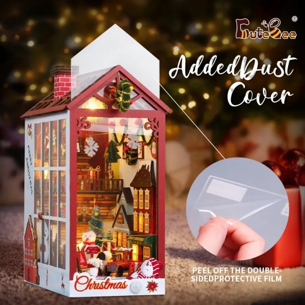 Jul Dukkehus Kit 3D Træ Puslespil Med Sensor Lys Støv cover Booknook Bogreol
