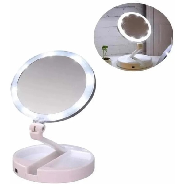 Makeup Mirror Dobbelt Sidet Led Light FH-803 Foldbar Roterer 10x Forstørrelse Organizer
