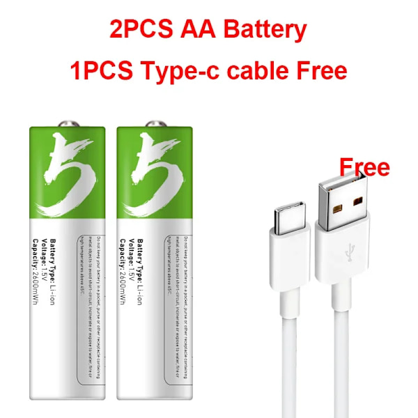 Høj kapacitet 1,5V AA 2600 mWh USB genopladeligt li-ion batteri