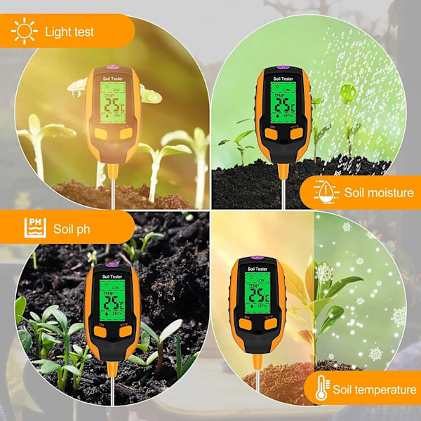 4 i 1 Jord Fugt Meter Digital Plante Temperatur Jord Fugtighed PH Meter Sollys Intensitet Miljø Fugtighed