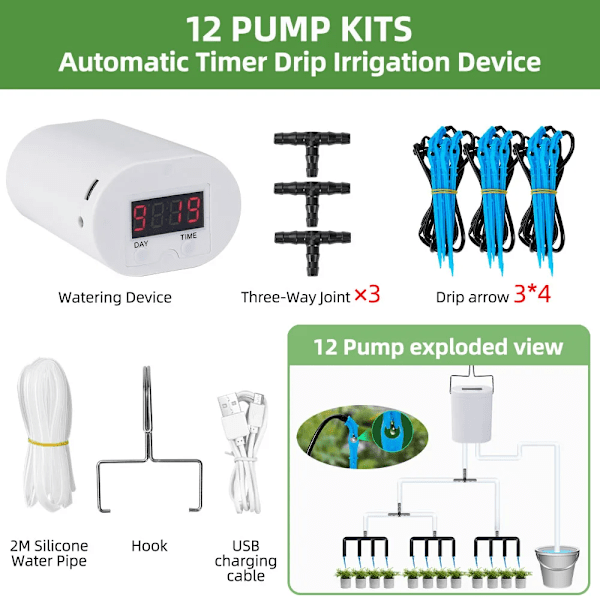 12 Pumpe Automatisk Plante Blomst Vanding Pumpe Hjem Sprinkler Dryp Vanding Enhed Pumpe Timer System Kit Have Værktøj
