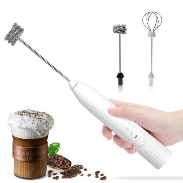 2 i 1 USB oppladbar Elektrisk Egg Visp Visp Kaffe Mixer Dobbelt hoder Melk skummer