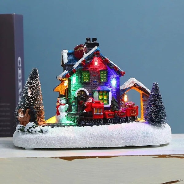 Jul liten tåg by snö hus lysande harts prydnad