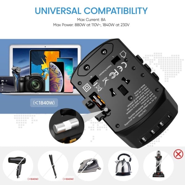 Universaali matka sovitin kaikki yhdessä matka laturi 3 USB portilla ja 1 C-tyypin seinälaturi