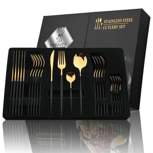 24st svart handtag gyllene bestick set rostfritt stål kniv gaffel sked porslin bestick set