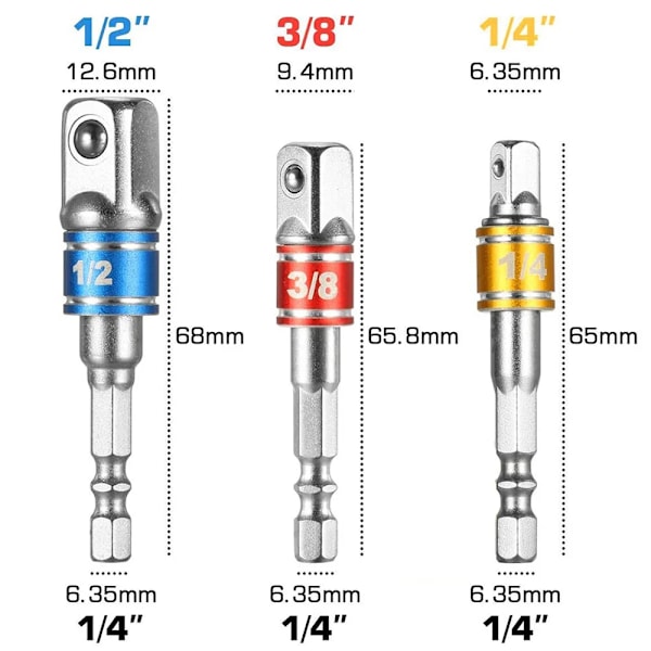 3 bitar Impact Driver Socket Förlängning Adapter Utökad Omvandlare Power Drill Sex Till Hög Speed Mutter Hane Firkant skiftnyckel