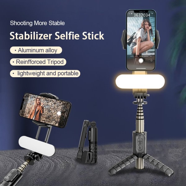Trådløs Bluetooth Selfie Stick Stativ Håndholdt Gimbal Stabilizer Monopod Med fyld lys lukker