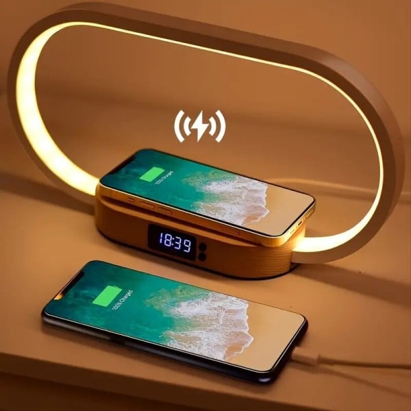 Multifunksjon Trådløs lader Pad Stativ Klokke LED Skrivebord Lampe Natt Lys USB Port Rask Lading Stasjon Dokk