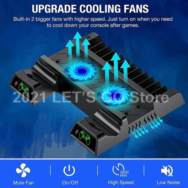 PS4 Slim Pro Lodret Stativ 2 Kontroller Oplader Station 2 Køler Blæser 12 Spil Slot