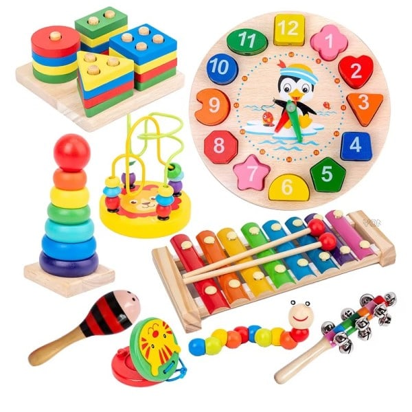 9 in 1 puinen Montessori lelut helistin kello rumpu pylväs setti