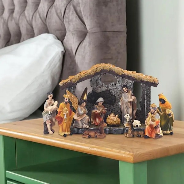 12 bitar Jul Krubba Krubba Set Real Life Födelsekyrka Jesus Krubba Jul Kubba Ornament