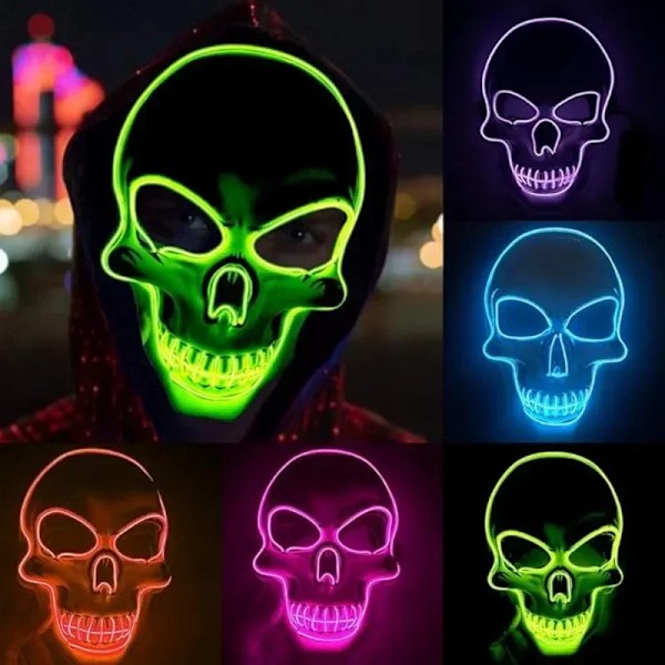 Neon Led Skull Maski Terror Party Maski Ghost Pää Skeleton LED Luminous Mask