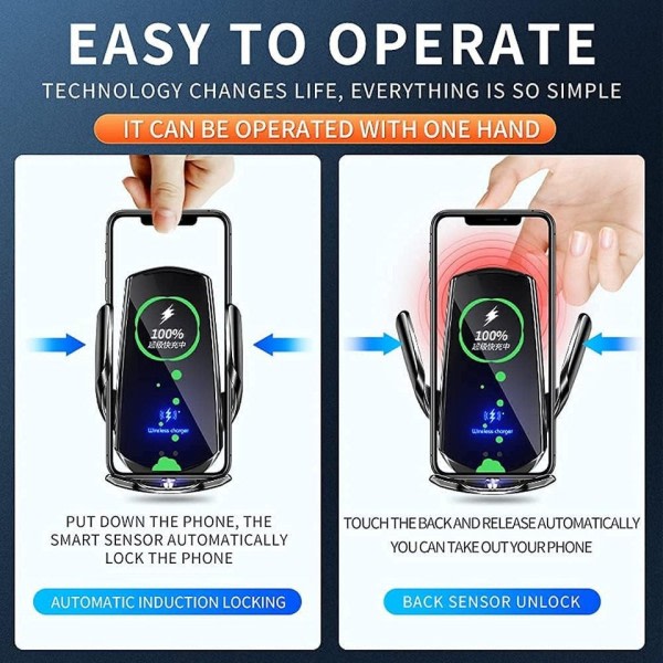 Smart Sensor Bil Telefon Trådlös Laddare 15W Snabb Laddning Auto-klämning Bil Telefon hållare