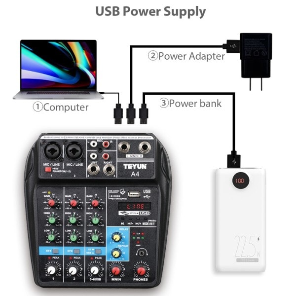 A4 Lyd Mixing Konsol Bluetooth USB Record Computer 48V Phantom Power Delay Repaeat Effect 4 Channels USB Audio Mixer