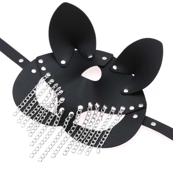 Mode läder Mask Kvinnor PU Faux Läder Ihålig Justerbar metall Kedja tofs Mask