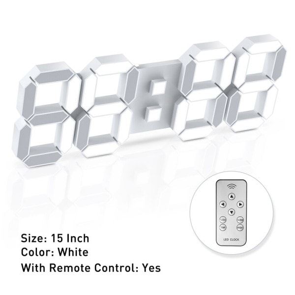 3D LED Væg Ur Stor Digital Væg Ur Med Fjernbetjening Kontrol Alarm Ur