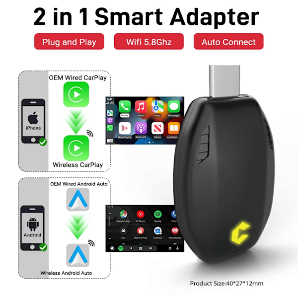 Kablet til Wireless CarPlay 2 in1 Mini Adapter Android Auto Smart Box Plug and Play
