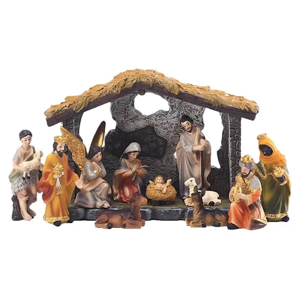 12 bitar Jul Krubba Krubba Set Real Life Födelsekyrka Jesus Krubba Jul Kubba Ornament