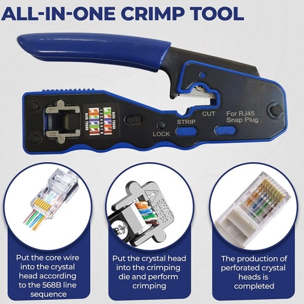 Crimp Tool Pass Through Crimper Cutter for Cat6a Cat6 Cat5 Cat5e 8P8C Modular Connector Ethernet Crimp Tool
