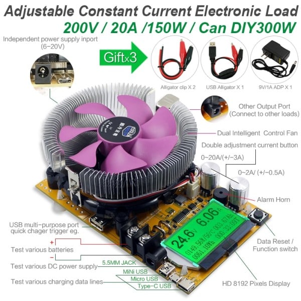 150W DC Elektronisk Load Tester USB Justerbar Test Modul Power Meter