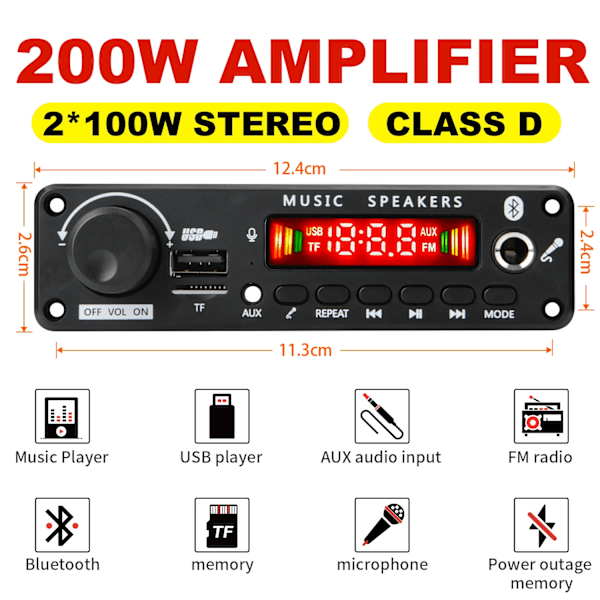 200W  Forstærker Bluetooth DIY MP3 WAV Decoder Board DC 12V 100W  Trådløs Bil USB MP3 afspiller