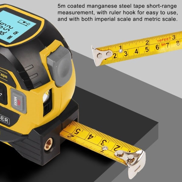 3 in 1 Laser Rangefinder 5M Tape Measure Lineal LCD Display med Baggrundsbelysning Afstand Meter Bygning Målingsenhed