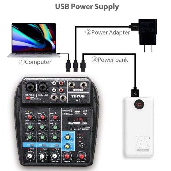 A4 Ljud Mixing Konsoll Bluetooth USB Record Dator 48V Phantom Power Delay Repaeat Effect 4 Channels USB Audio Mixer