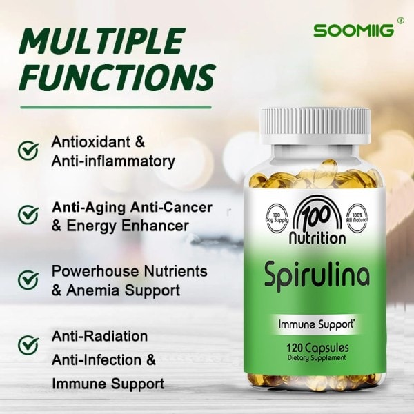 Spirulina Lisä - Antioksidantti & Tulehduksia ehkäisevä, Ikääntymisen esto, Anemia Tuki, Infektioiden esto, Immuunijärjestelmä tuki