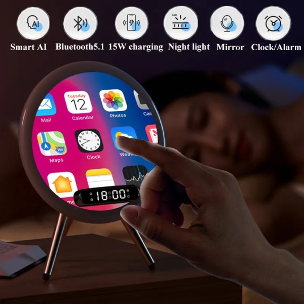 Smart Bluetooth Højttaler Trådløs Spejl Lyd Boks Desktop Vækkeur Ur med LED Nat Lys