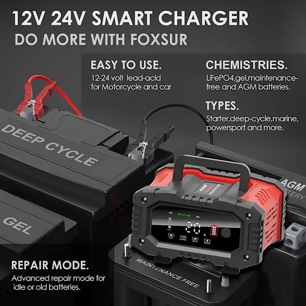 20A Bil Motorcykel Batteri Oplader 24V Smart Oplader