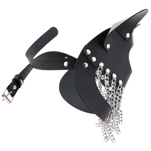 Mode läder Mask Kvinnor PU Faux Läder Ihålig Justerbar metall Kedja tofs Mask