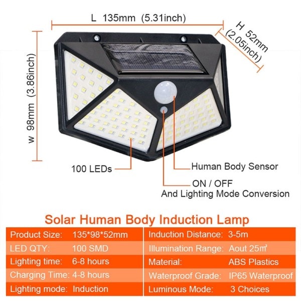 4 sider 100 LED 3 modi glød PIR bevegelsessensor solenergi vegg lys