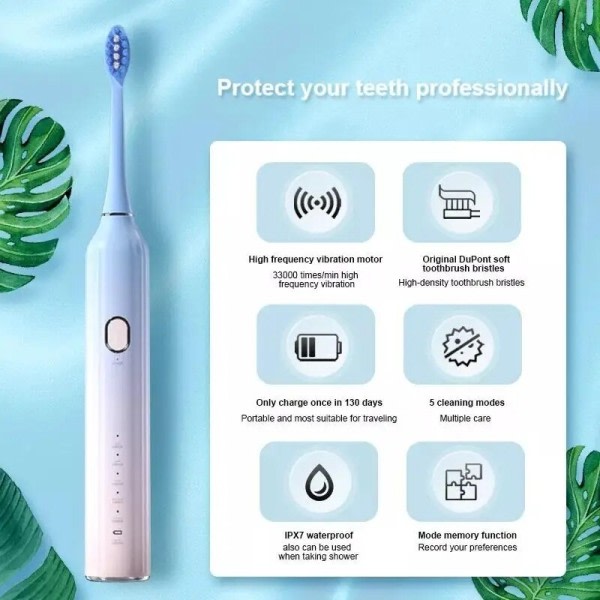 Elektrisk tannbørste USB lader Oppladbar IPX7 Vanntett Smart Timer Clean Whiten Tenner