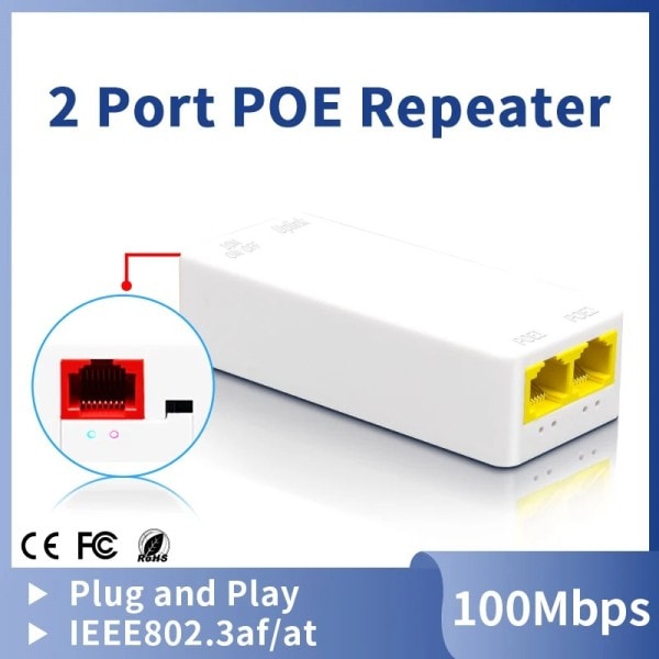 2 Port POE Repeater 10/100Mbps 1 till 2 PoE Extender med IEEE802.3af/at Plug&Play