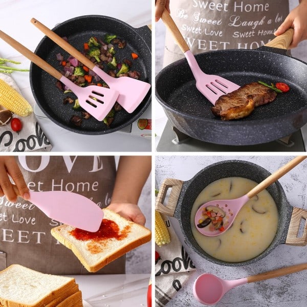 11 bitar set bok trä handtag silikon hög temperatur resistent matlagning redskap