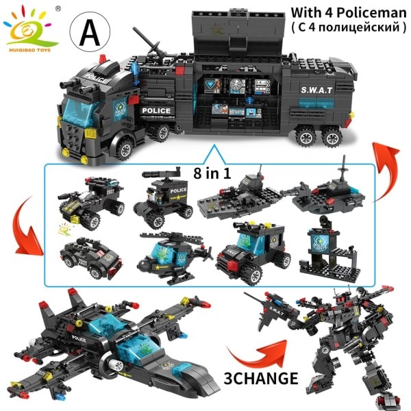 SWAT politi station lastbil model byggeklodser by maskine helikopter bil figurer klodser pædagogisk legetøj